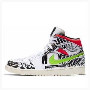 Nike Mid All-Over Logos Koripallokengät Miesten Air Jordan 1 Mustat Valkoinen Punainen Vihreä | JD-613HW