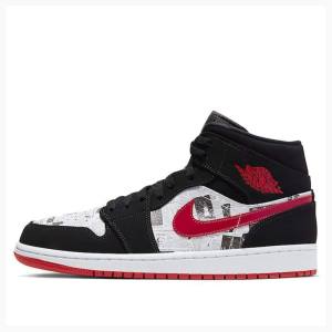 Nike Mid SE Newspaper Air Times Koripallokengät Miesten Air Jordan 1 Mustat Valkoinen Punainen | JD-649AH
