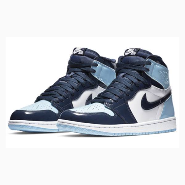 Nike High OG UNC Kiiltonahka Nahkaiset Koripallokengät Naisten Air Jordan 1 Valkoinen Mustat Sininen | JD-872XM
