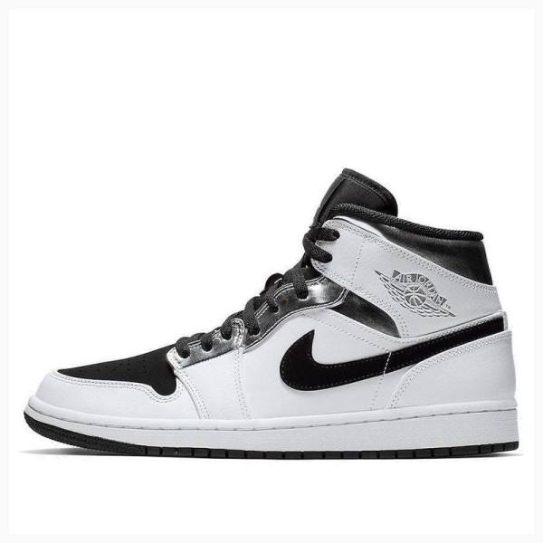 Nike Mid Koripallokengät Miesten Air Jordan 1 Valkoinen Mustat Hopea | JD-104FL