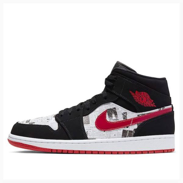 Nike Mid SE Newspaper Air Times Koripallokengät Miesten Air Jordan 1 Mustat Valkoinen Punainen | JD-649AH