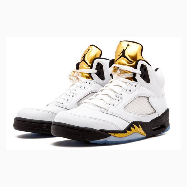 Nike Retro Olympic Tongue Koripallokengät Miesten Air Jordan 5 Valkoinen Kultaiset | JD-657SA
